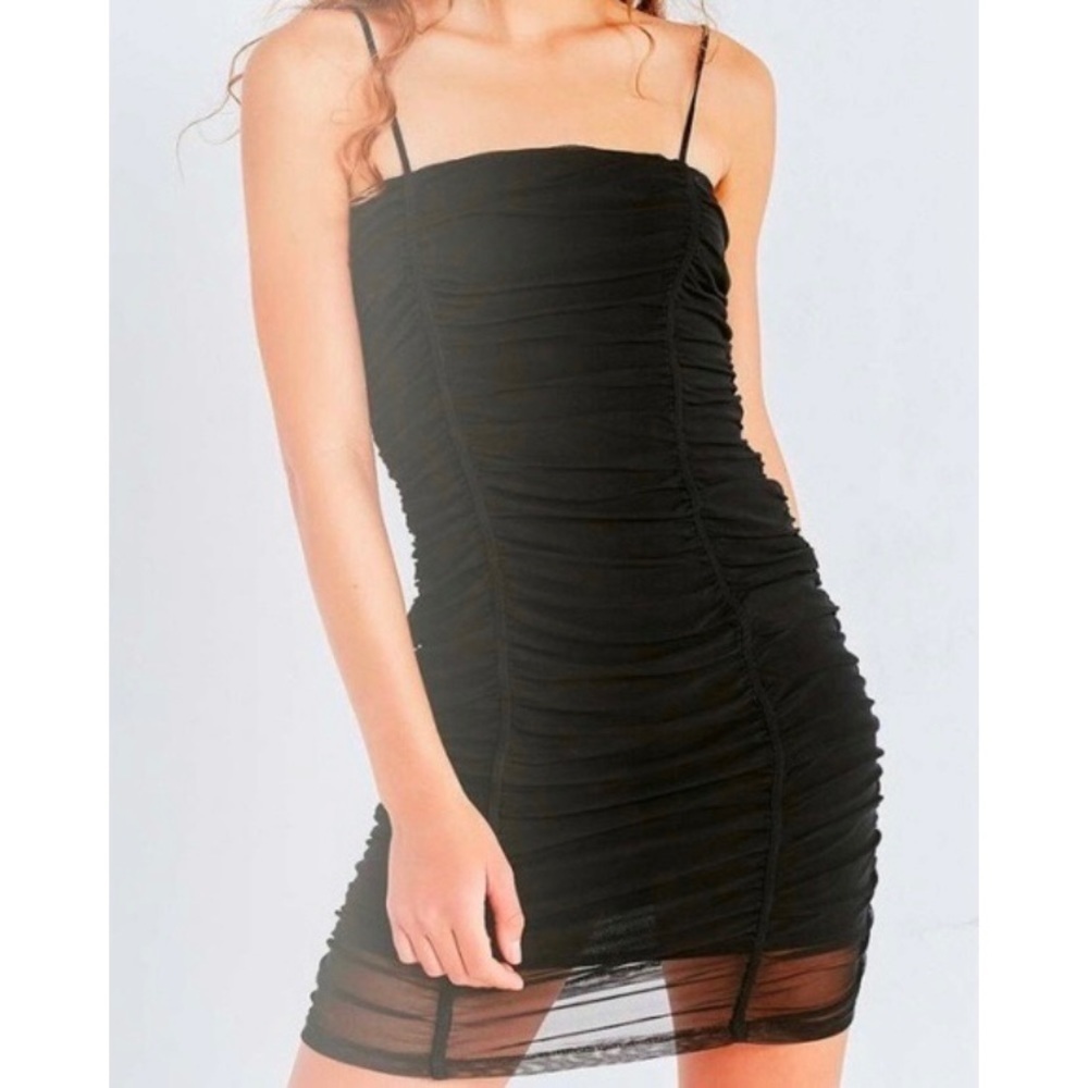 UO Ruched Mesh‎ Bodycon Mini Dress in Black